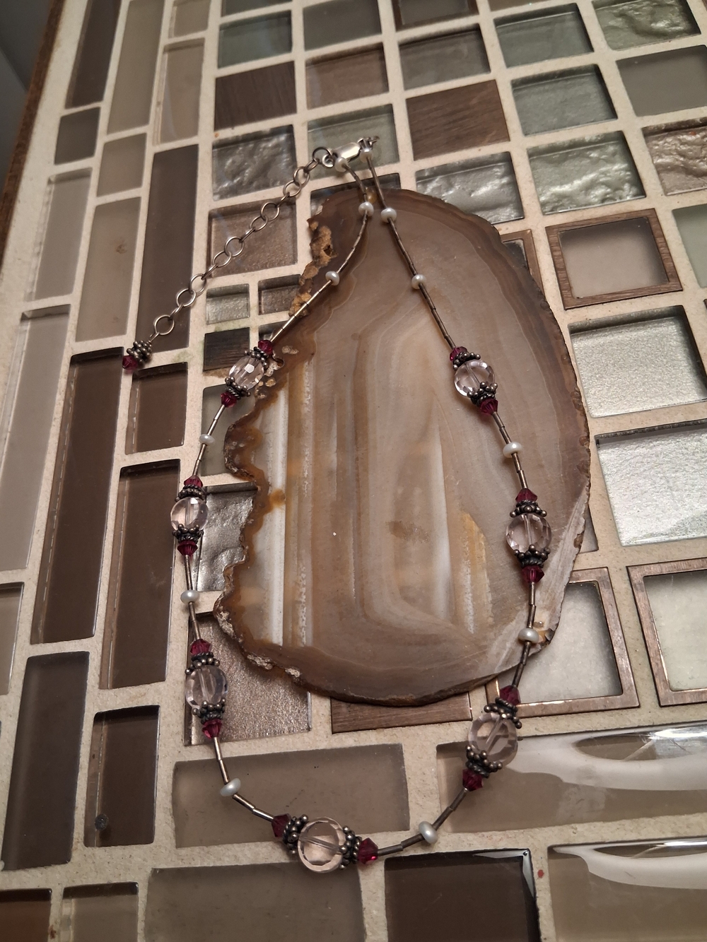 Vintage Pink Crystal and Silver Accent Necklace with Garnet Beads